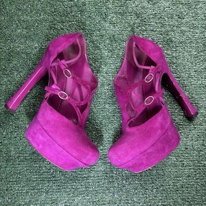 Yves Saint Laurent Bright Pink Suede Platform Tribute High Heels Size 38 US 8
